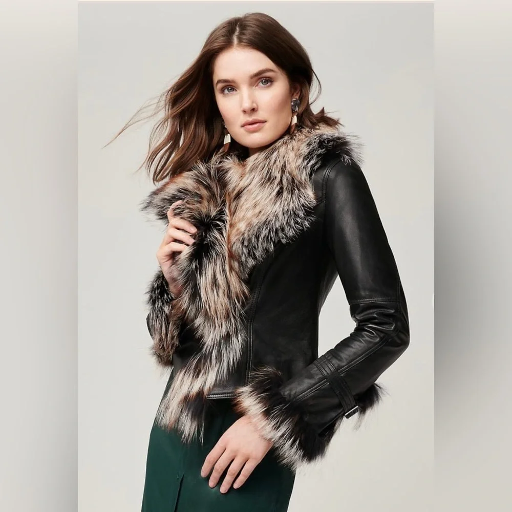 Overland Lambskin Brown Leather Jacket with Fox Fur Trim - size M - Picture 9 of 10